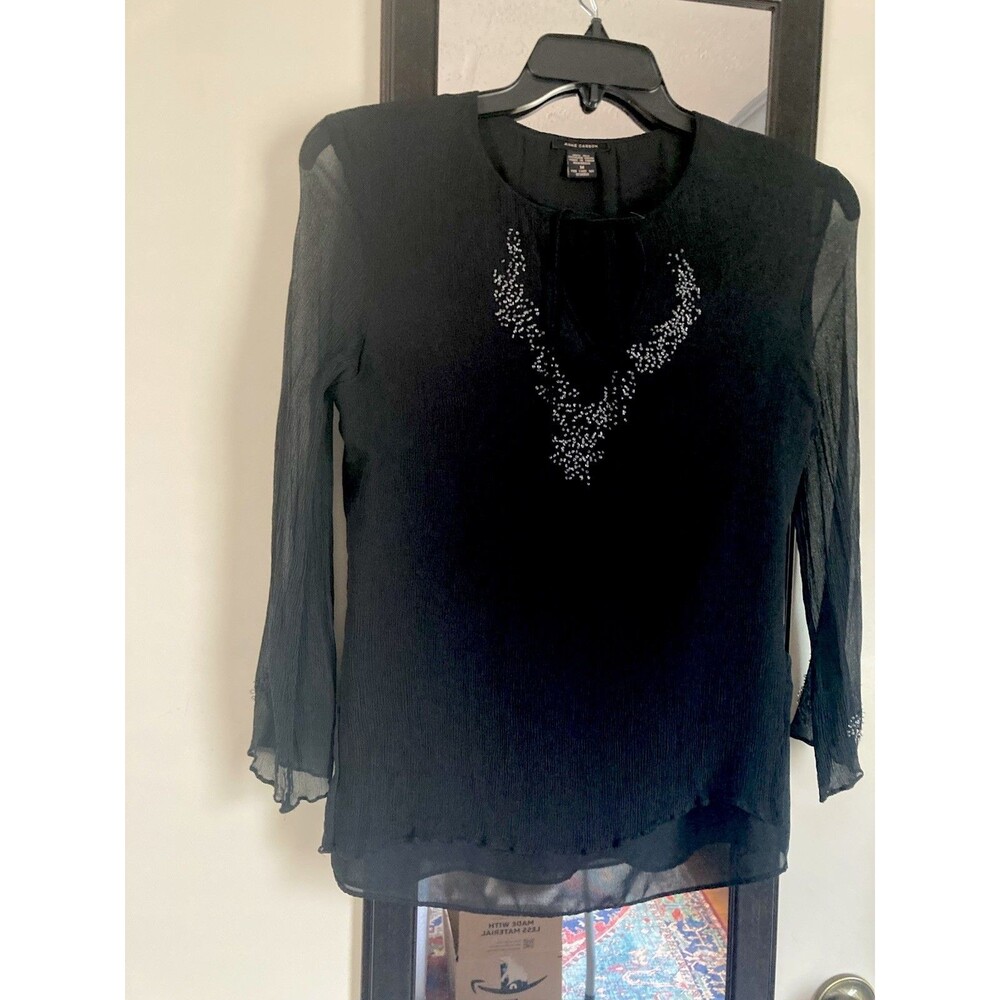 Anne Carson Women’s Top Medium Silk Black Beaded Lined Sheer Sleeves Excellent